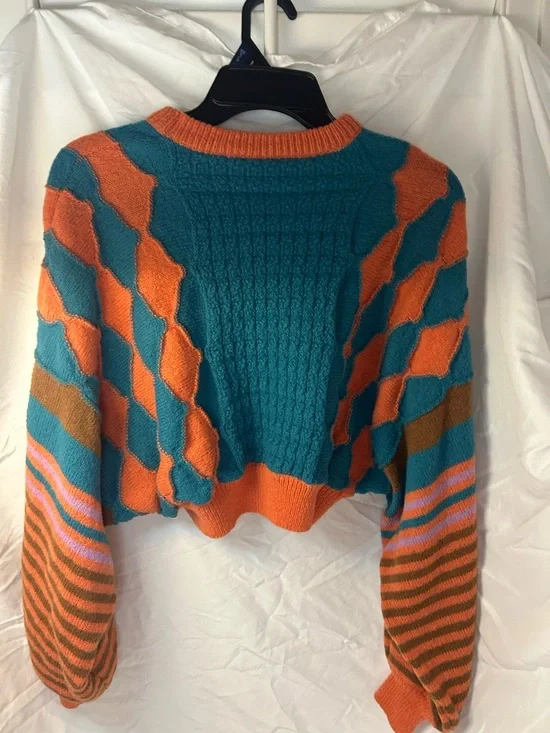 Cider Teal & Orange Cropped Cable-Knit Colorblock Sweater - Picture 1 of 4